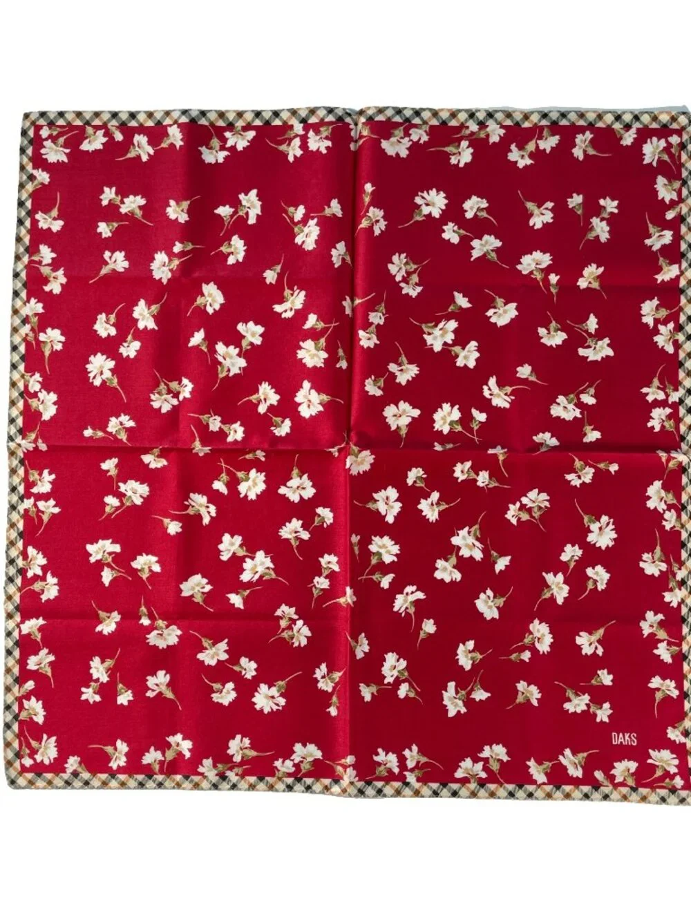 Vintage DAKS London Cotton Scarf Red Floral Check Border 19